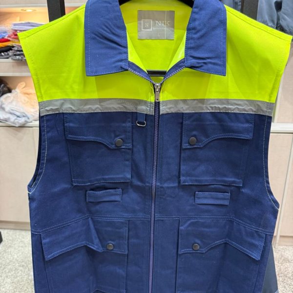 جلیقه کتان چهارجیب سرمه ای سرشونه فسفری