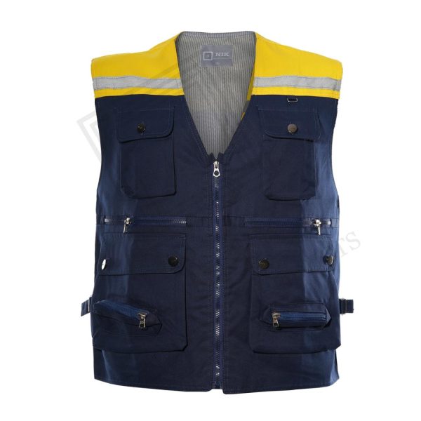 جلیقه خبرنگاری کتان سرشانه زرد شبرنگدار تمام آستر